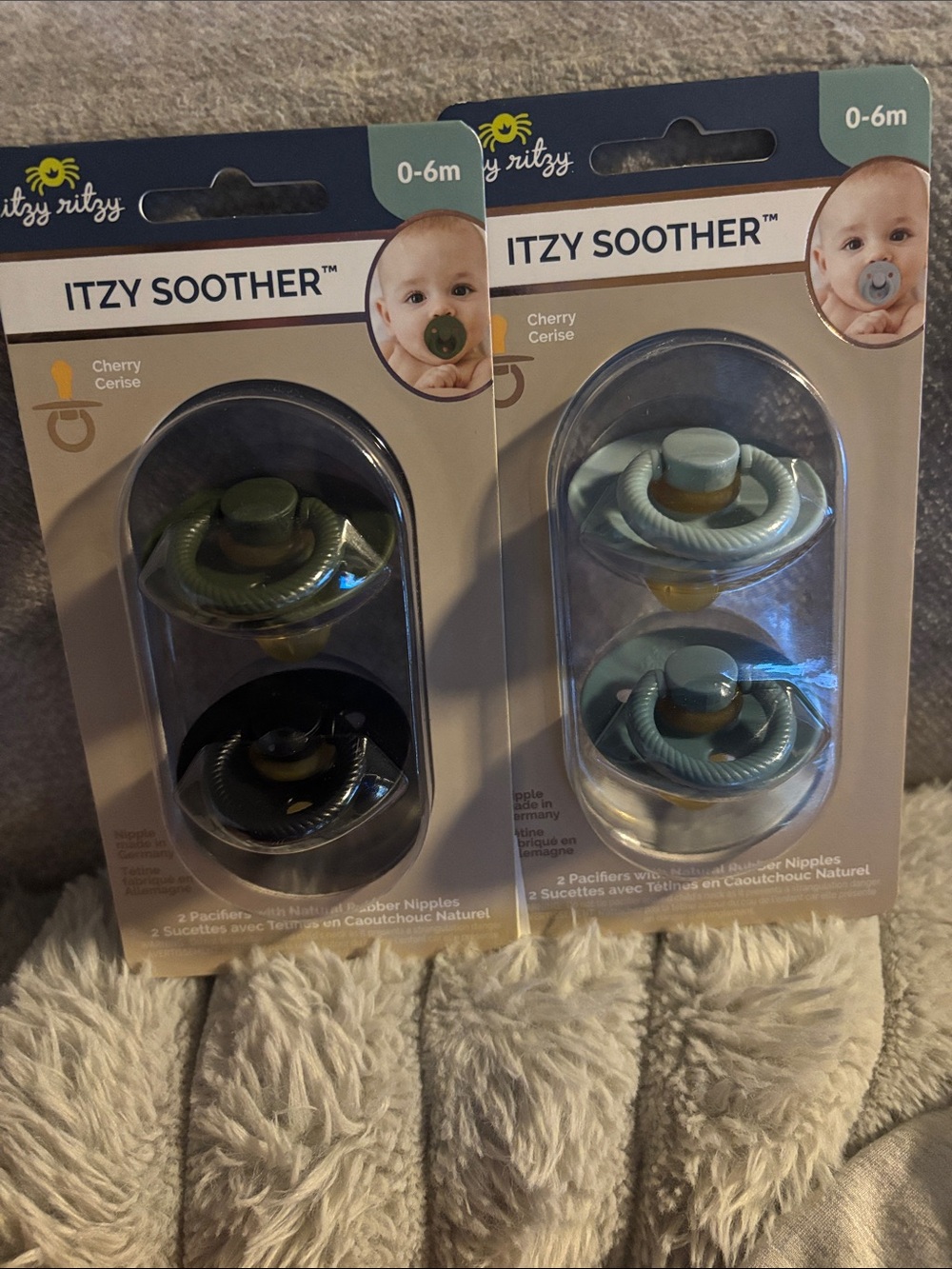 Itzy Soother Pacifier Pack - Blue, Green & Black- 0-6m natural rubber nipples